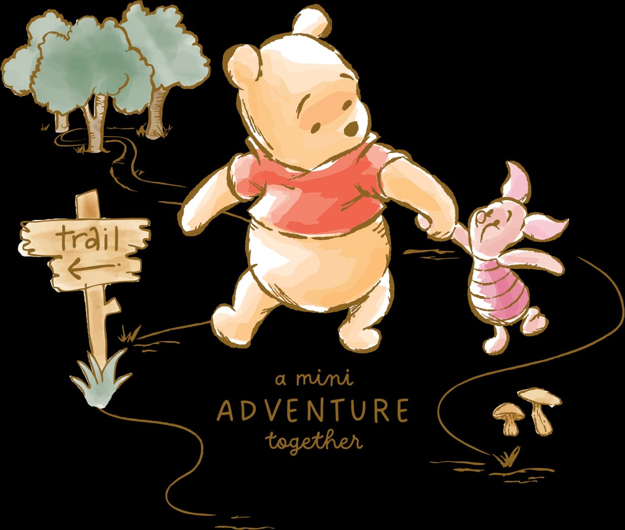 Winnie the Pooh and Piglet walking hand in hand along a woodland trail. A mini adventure together.